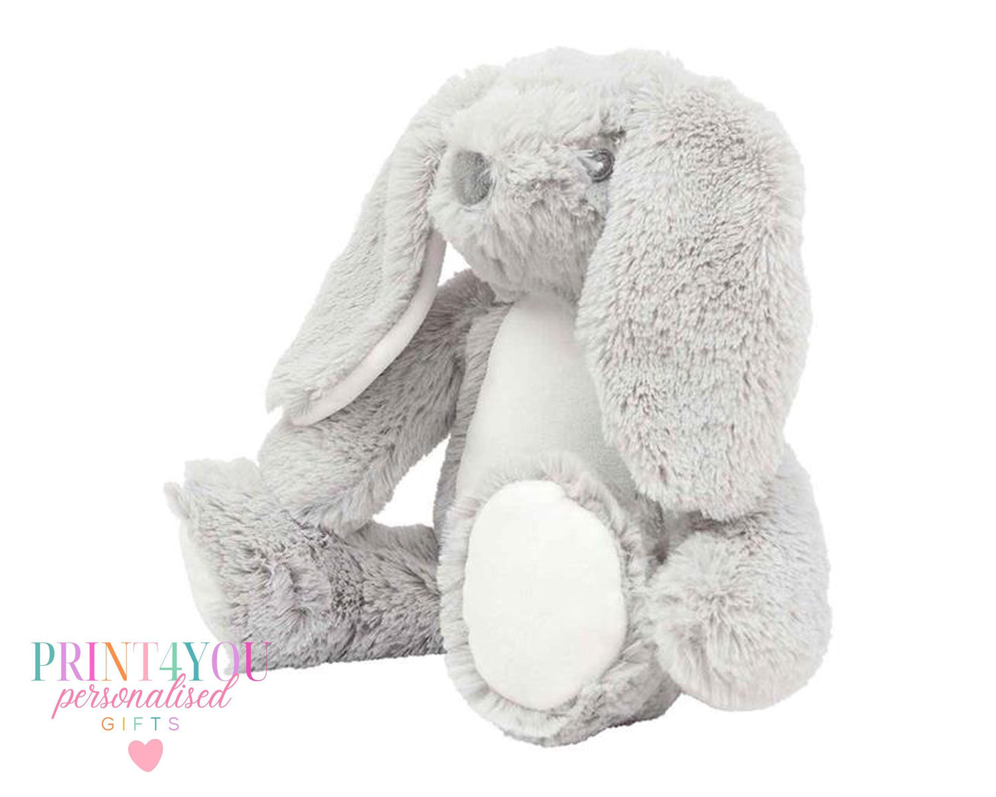 Blue personalised first birthday bunny soft toy with safari design printed on tummy