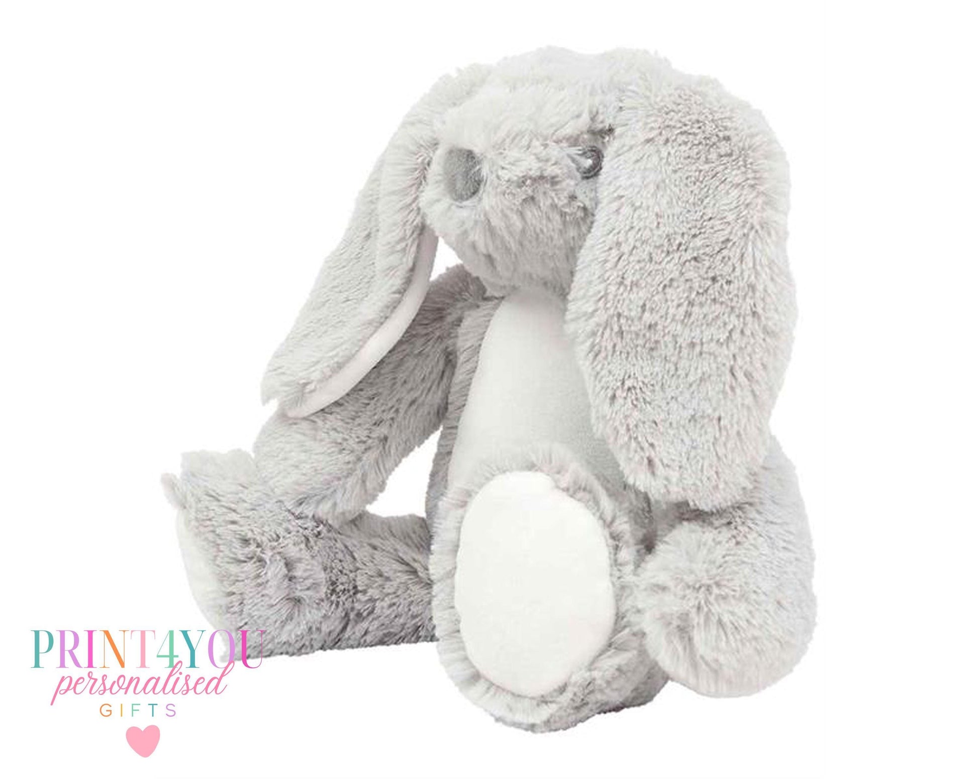 Blue personalised first birthday bunny soft toy with safari design printed on tummy