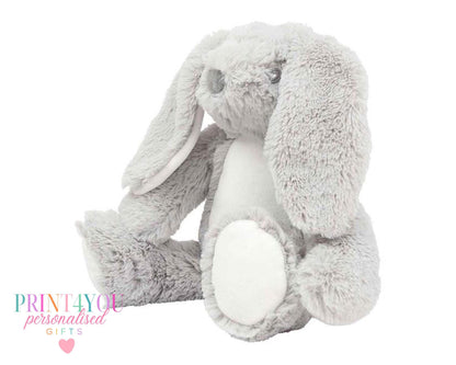 Blue personalised first birthday bunny soft toy with safari design printed on tummy