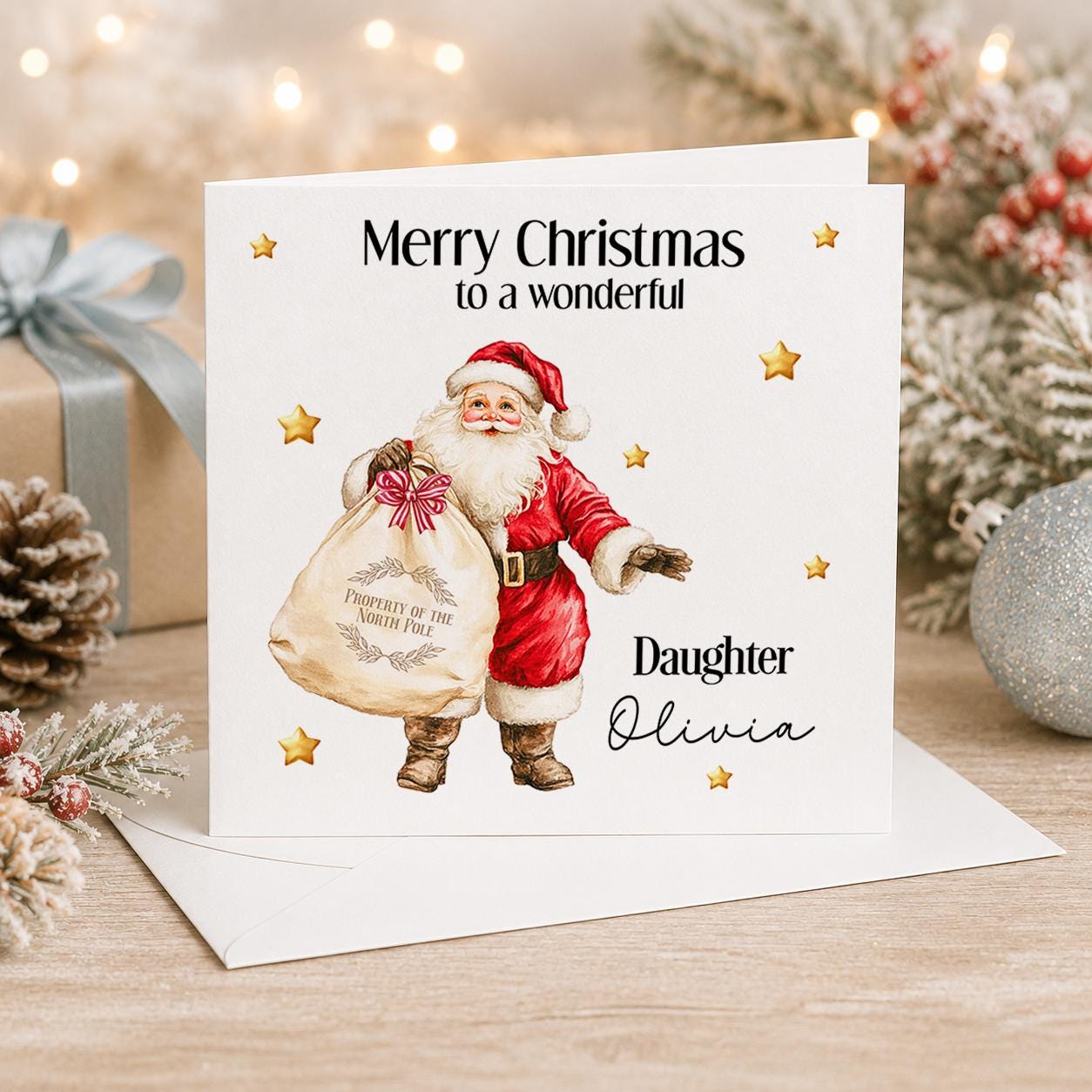 Personalised Santa Christmas card, white 6x6 inch square card printed with Father Christmas carrying a sack of presents and gold stars with a name
