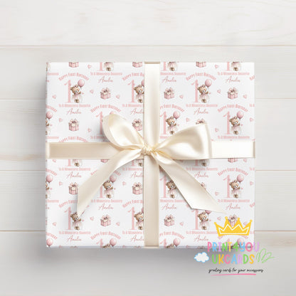 Roll of the personalised pink ballerina teddy bear wrapping paper packaged ready for postal delivery.