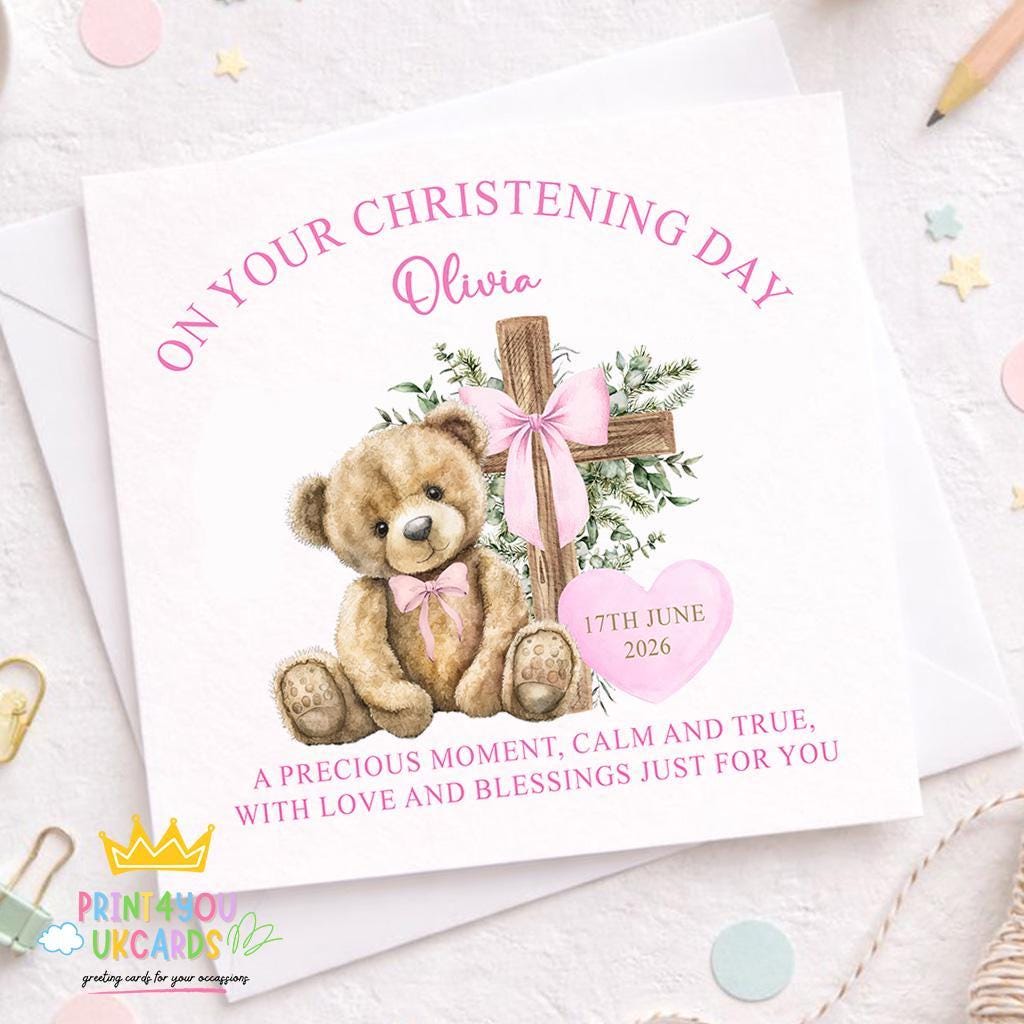 Personalised square christening card featuring a pink teddy bear design for a baby girl