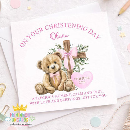 Personalised square christening card featuring a pink teddy bear design for a baby girl