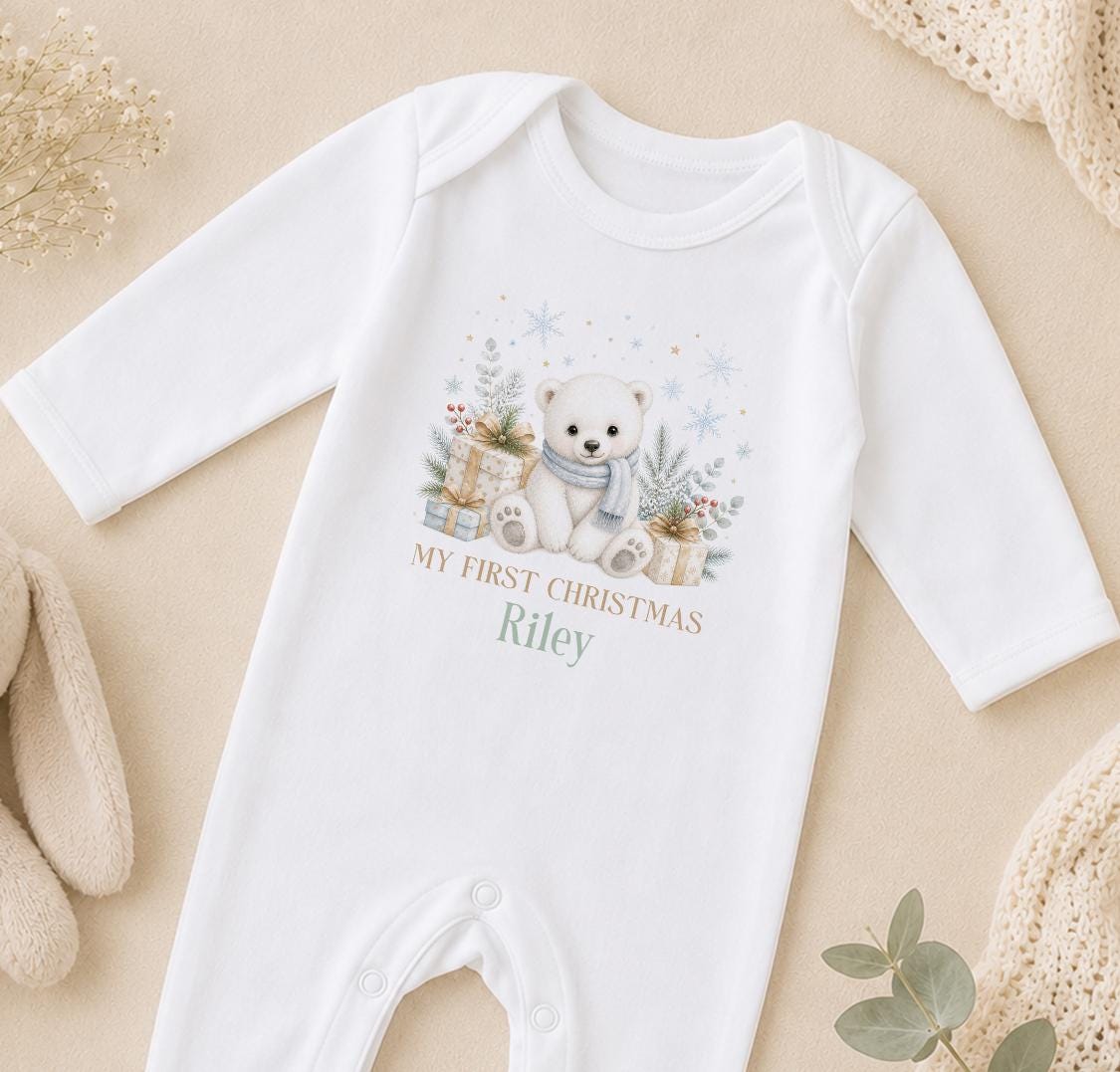 Personalised Baby Christmas Outfit, Polar Bear 2026 Sleepsuit, Bib