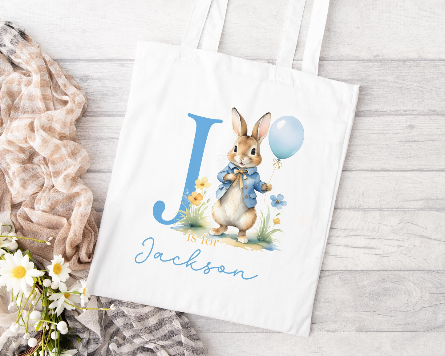 Personalised Bunny Rabbit Easter Tote Bag – Custom Name Kids Cotton Bag