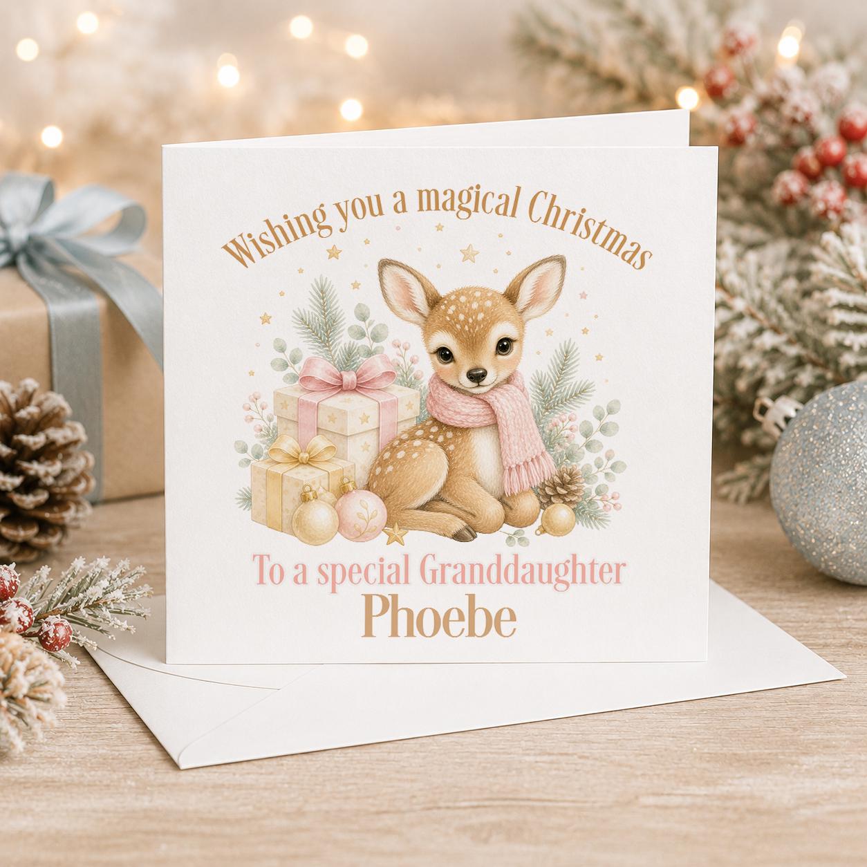Personalised deer Christmas card, white 6x6 inch square card printed with a spotted fawn among wrapped presents with a name
