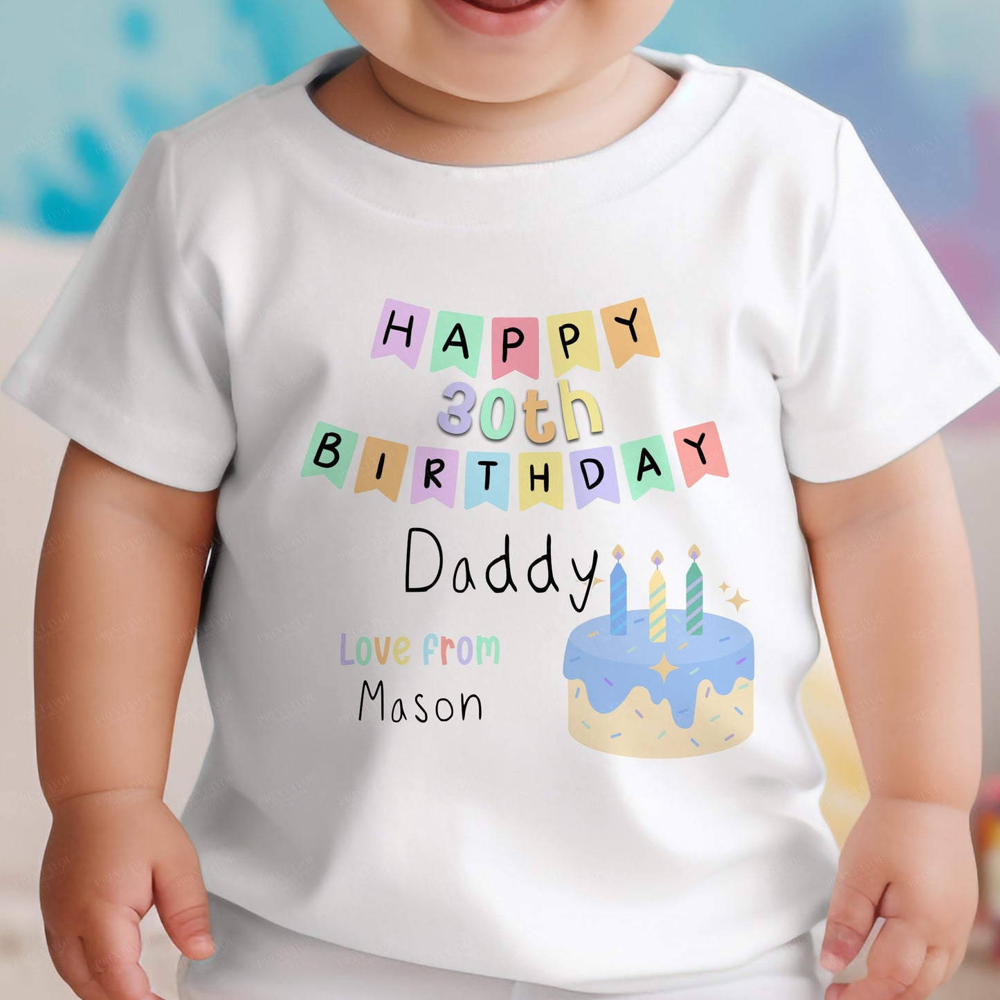 Personalised 'Happy Birthday as my Daddy' baby vest printed with custom name and birthday wording.