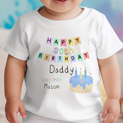 Personalised 'Happy Birthday as my Daddy' baby vest printed with custom name and birthday wording.