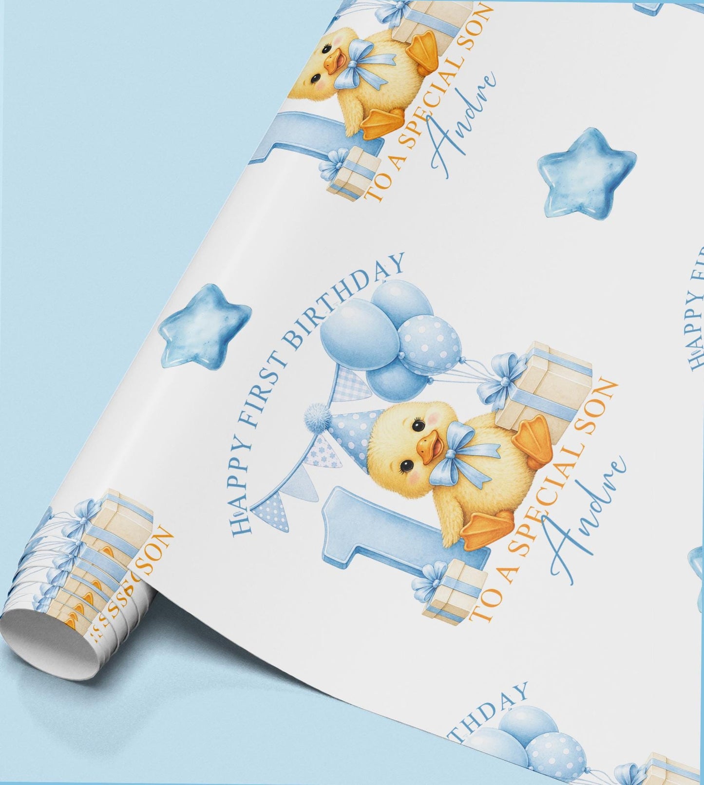 Roll of personalised first birthday wrapping paper featuring a repeating duckling, blue number one and balloon design.