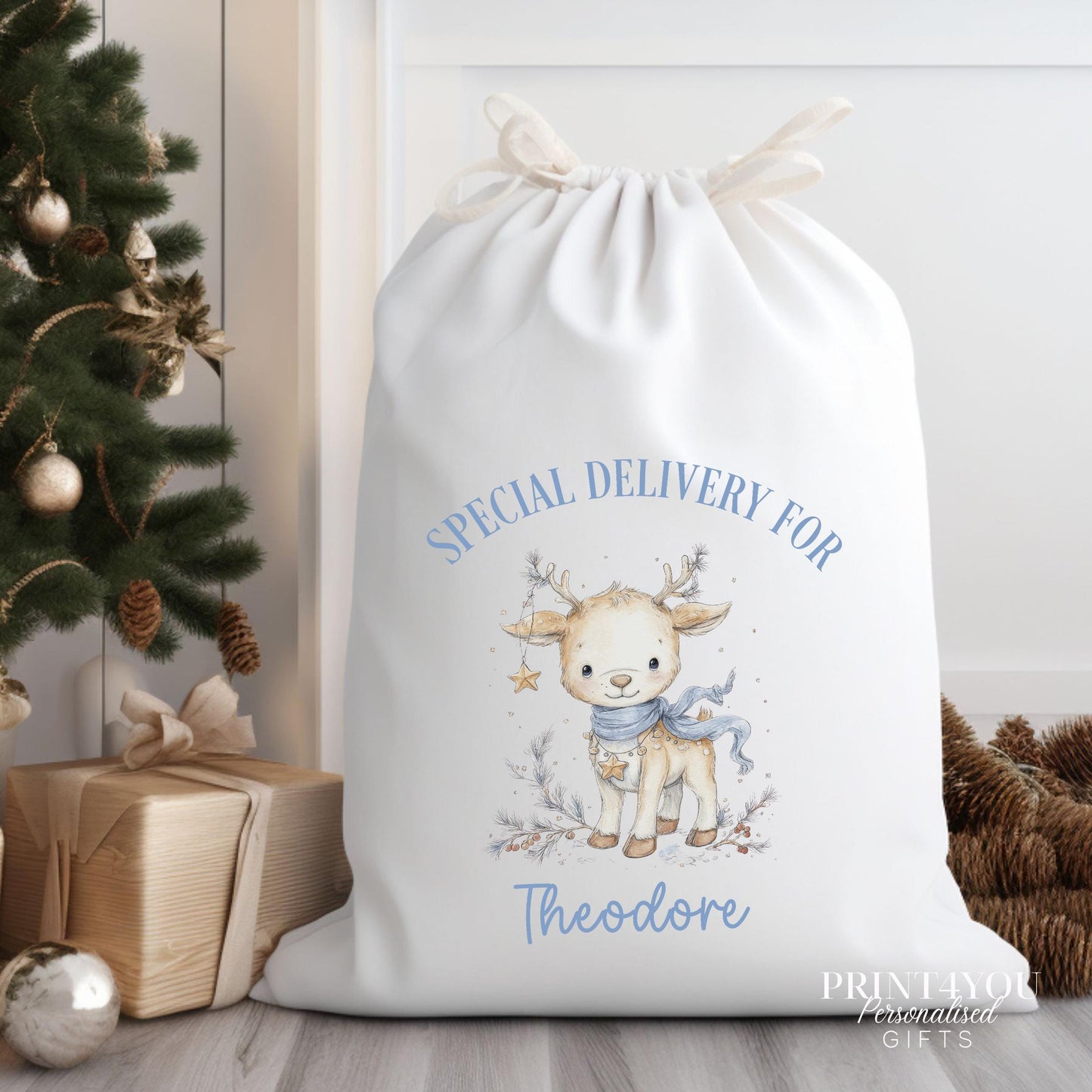 Personalised Christmas Sack – Large Canvas Santa Gift Bag With Reindeer Design