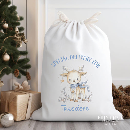 Personalised Christmas Sack – Large Canvas Santa Gift Bag With Reindeer Design