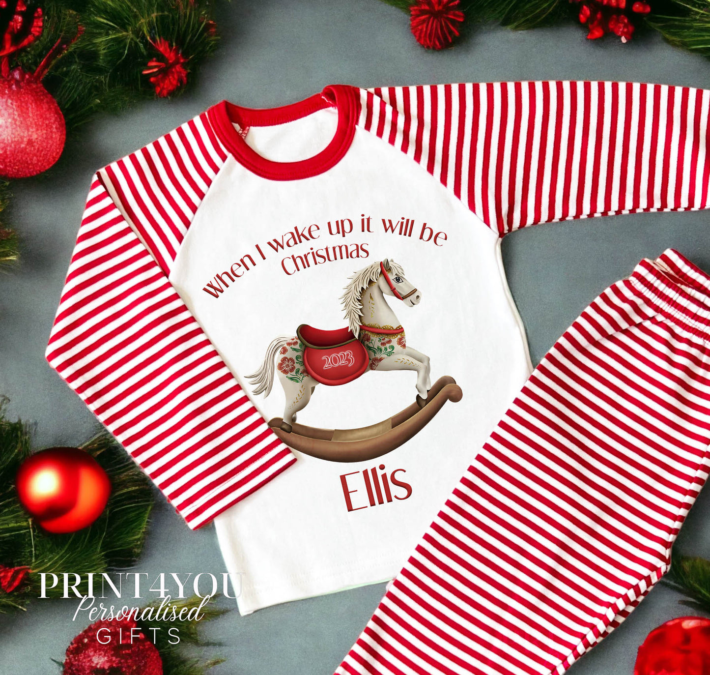 Red & White Striped Children's Christmas Pyjamas – When I wake up Rocking Horse - 1-2 years