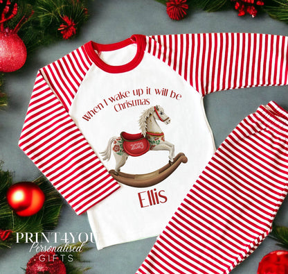 Red & White Striped Children's Christmas Pyjamas – When I wake up Rocking Horse - 1-2 years
