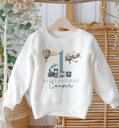 Personalised first birthday jumper with train design and custom name print, soft cotton fleece sweatshirt, size 6-12 months