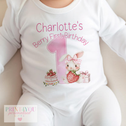 Personalised strawberry bunny first birthday outfit, ready for your baby's name to be added.