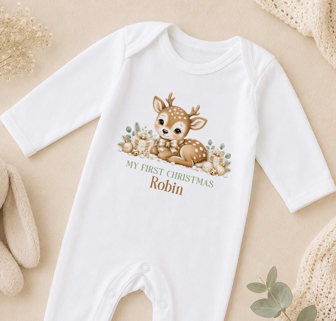 Personalised Baby Christmas Outfit, 2026 Reindeer Sleepsuit, Bib