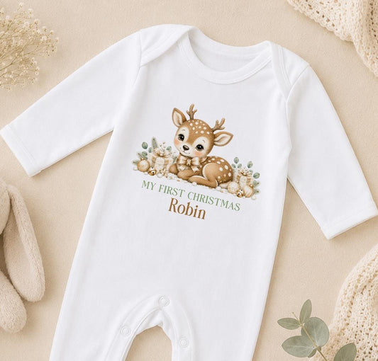Personalised Baby Christmas Outfit, 2026 Reindeer Sleepsuit, Bib
