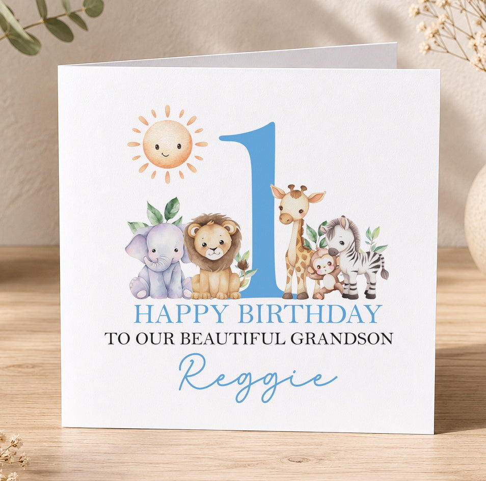 Personalised first birthday card featuring safari animals - lion, giraffe, zebra and elephant - around a blue number one, with a custom name and relation on the front.