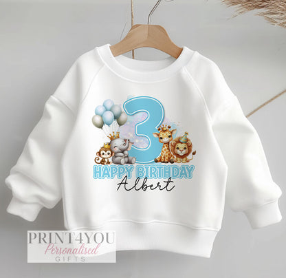 Blue safari-themed birthday sweatshirt for children, personalised with name and age, size 6-12 months