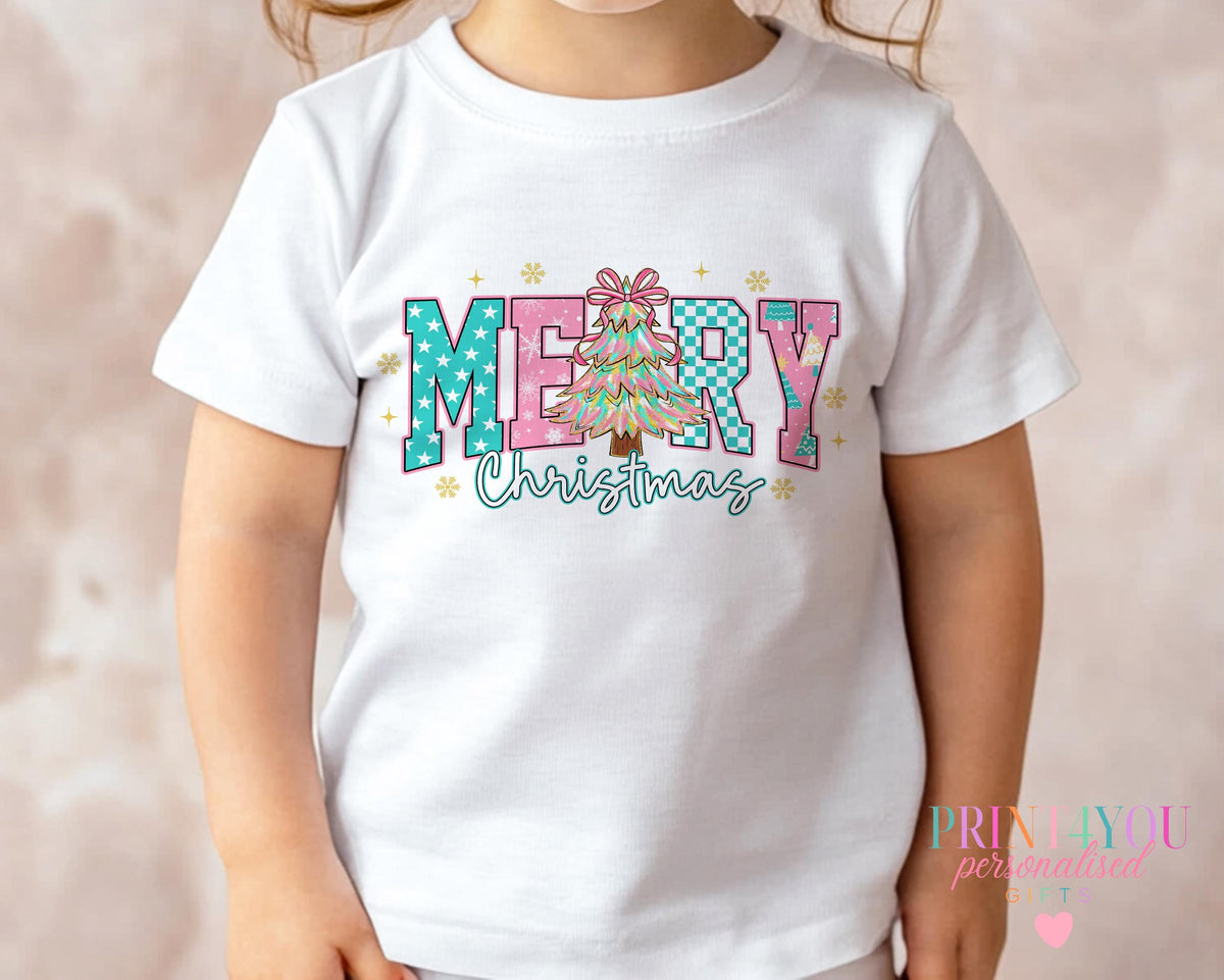 Baby wearing a personalised Christmas Tree design mummy and me t-shirt with 'Merry Christmas' slogan and custom name, 6-12 months