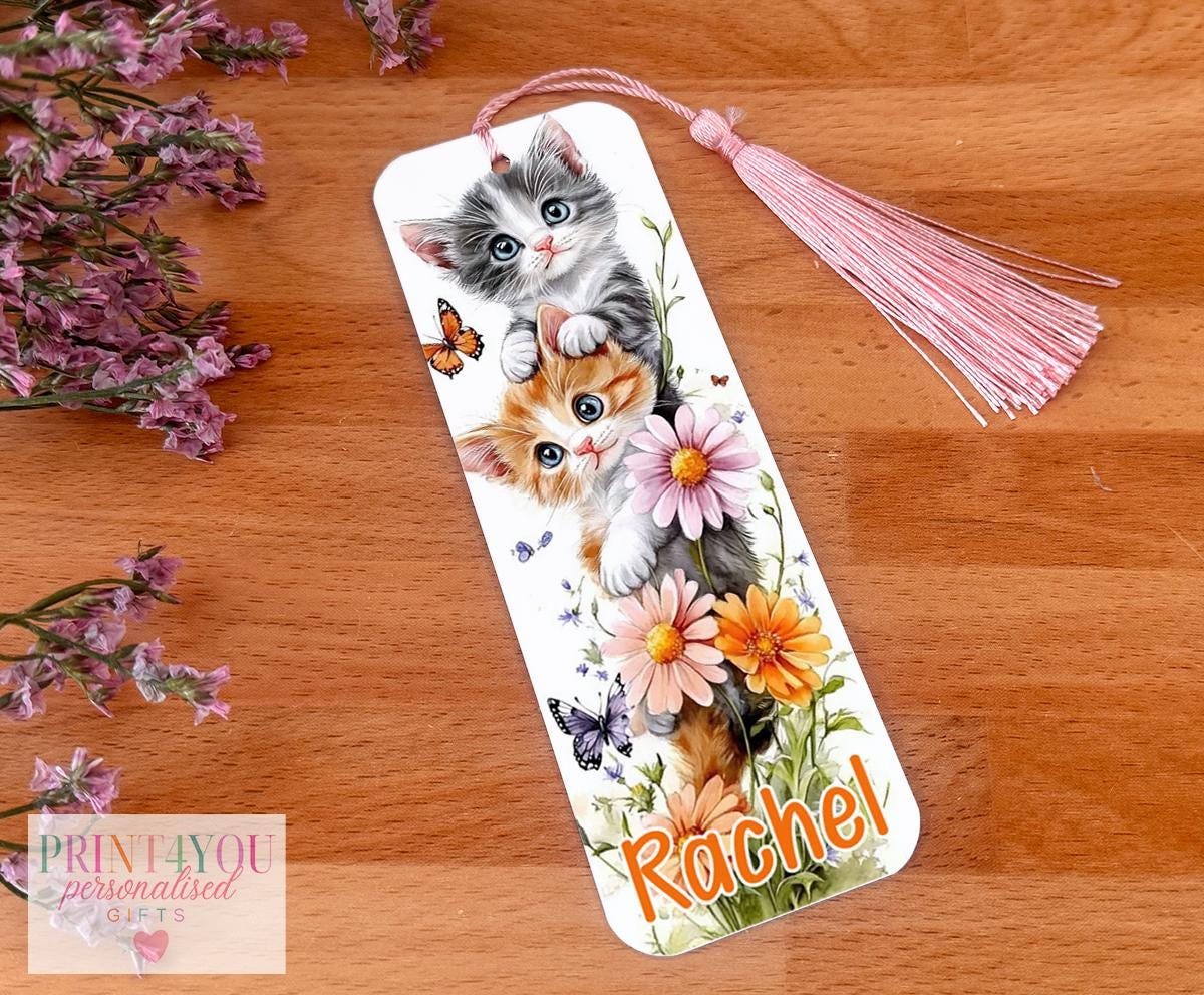 Personalised aluminium cat bookmark with coloured tassel, custom name printed, 15.2 x 3.7cm