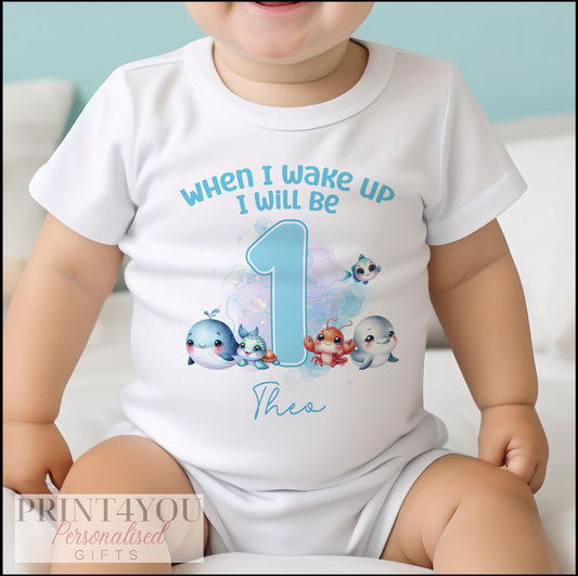 Personalised under the sea whale first birthday bib, printed with 'When I wake up I will be 1' and your baby's name.