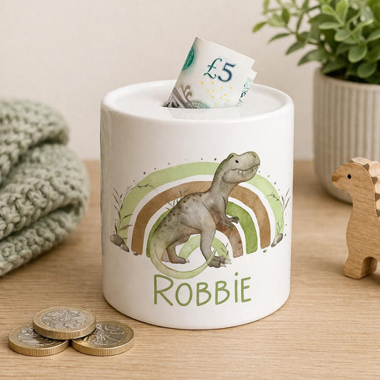 Personalised dinosaur ceramic piggy bank for kids
