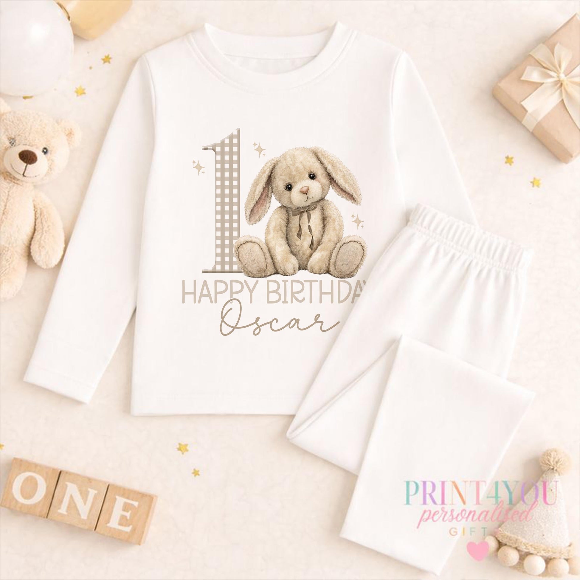 Personalised 1st birthday bunny white pyjamas with custom name print