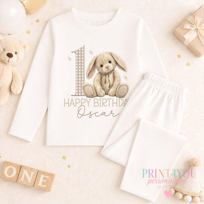 Personalised 1st birthday bunny white pyjamas with custom name print