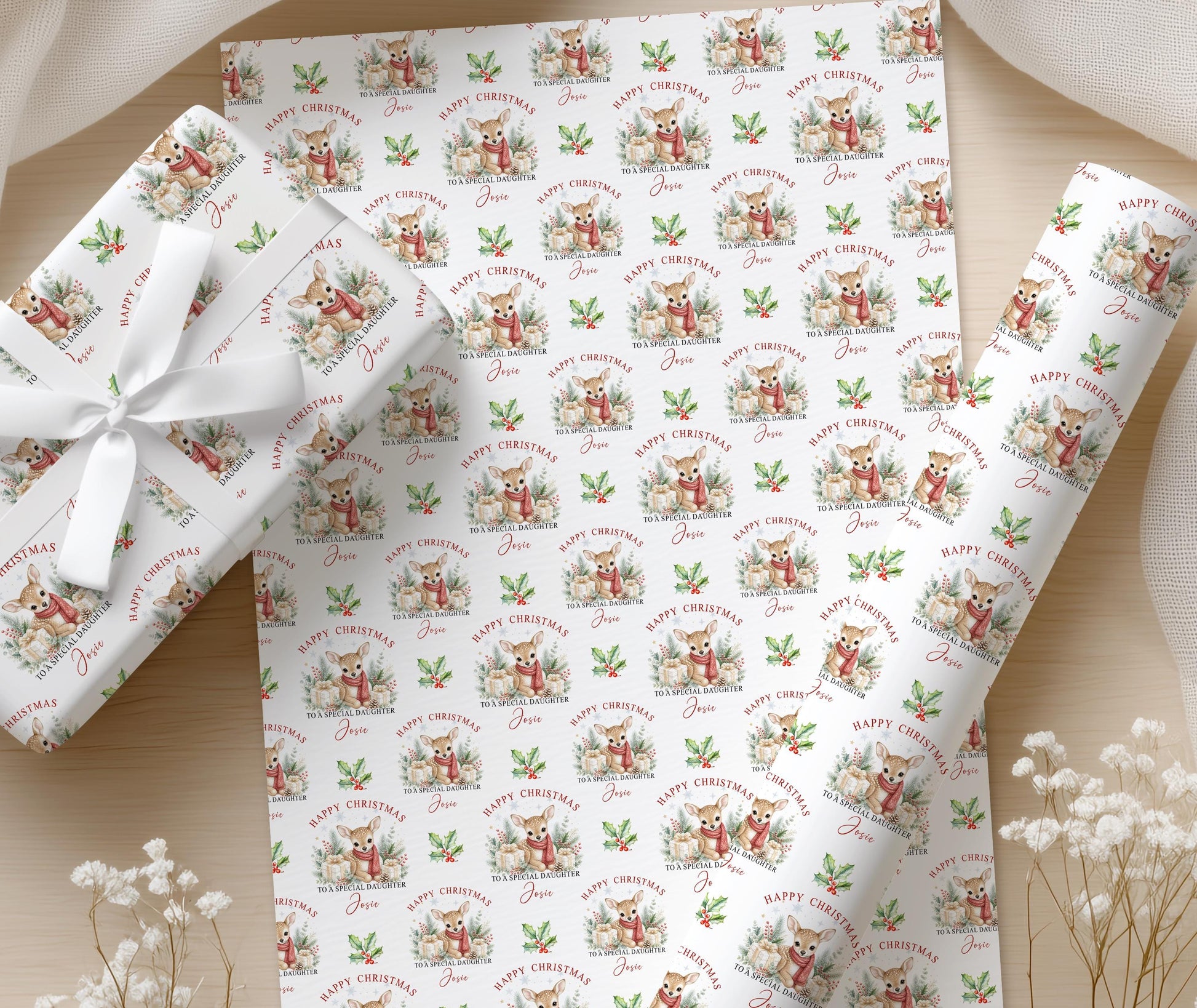 Gift wrapped in the personalised deer Christmas wrapping paper