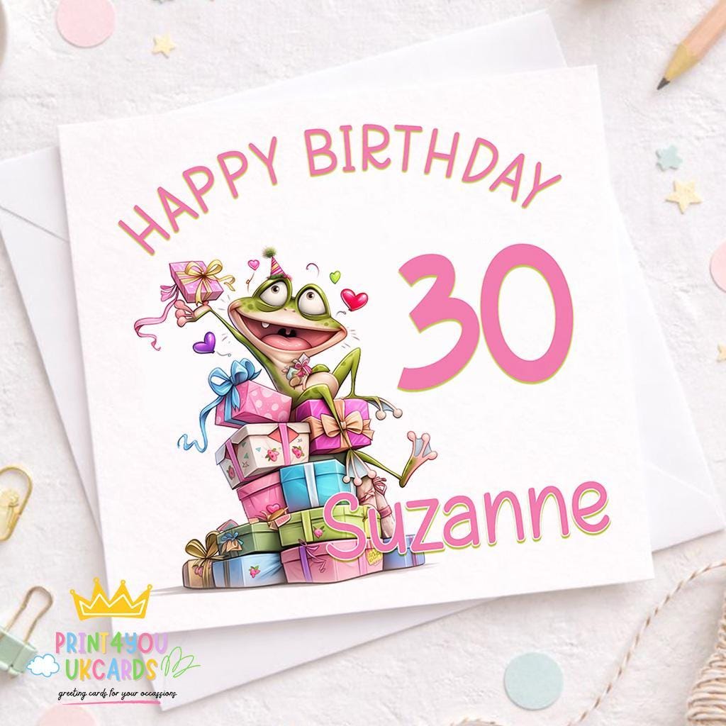 Square birthday card featuring an illustrated party frog surrounded by wrapped presents, personalised with the name Suzanne and age 30