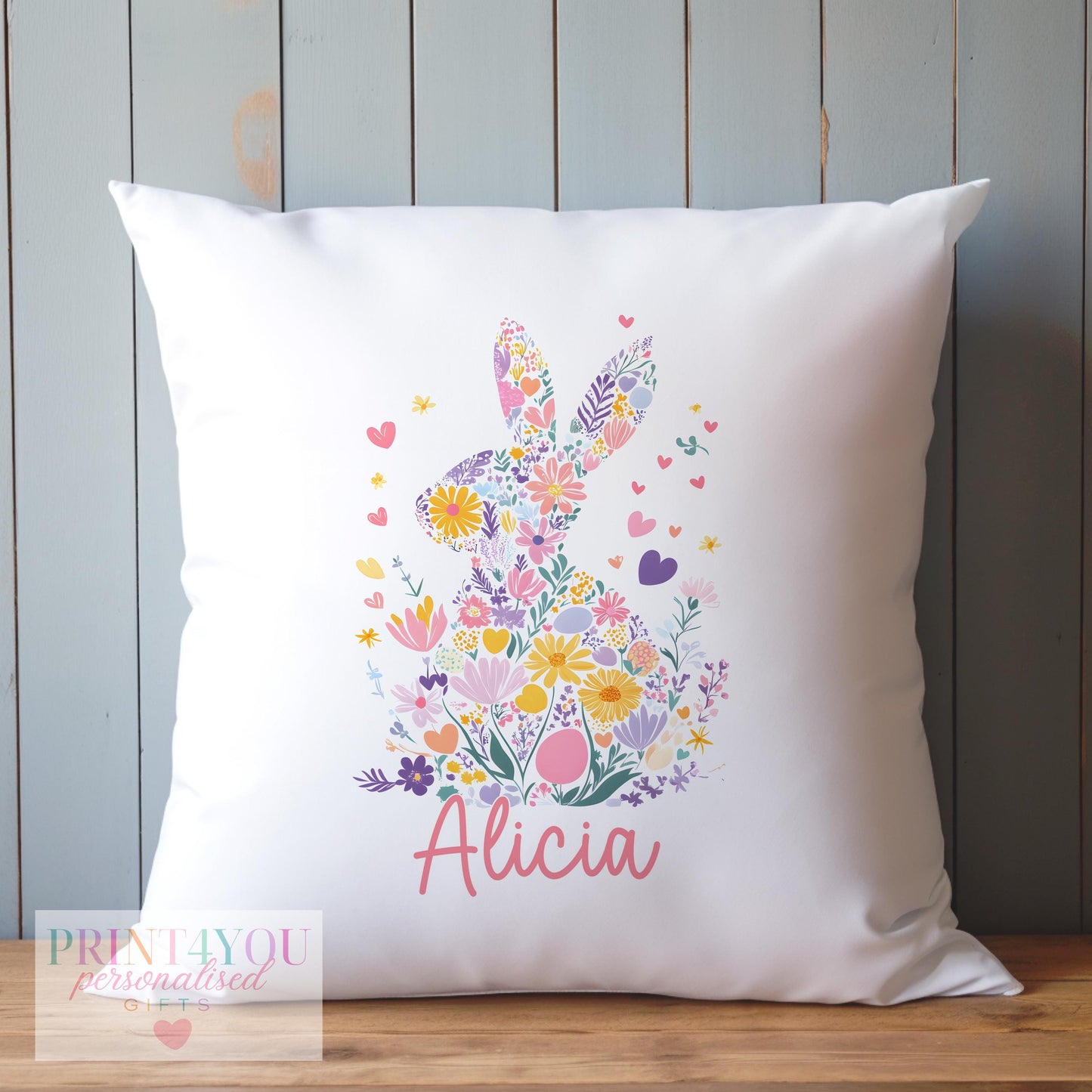 Personalised bunny rabbit cushion with plush insert included