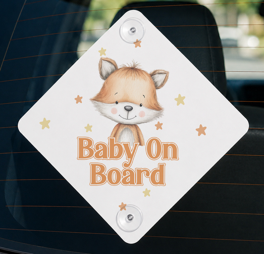 Metal baby on board car sign printed with a fox design and fitted with suction cups
