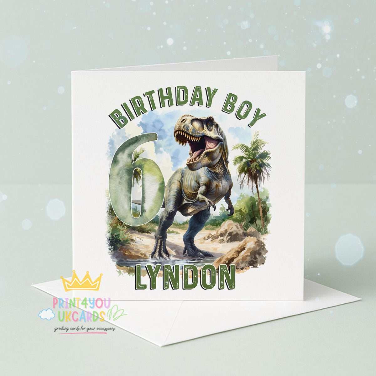 Front only version of the personalised T-Rex dinosaur birthday card, 6x6 inches with matching envelope