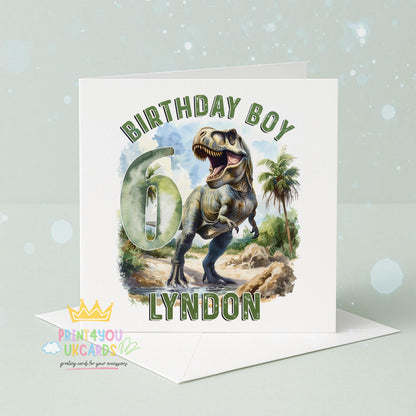 Front only version of the personalised T-Rex dinosaur birthday card, 6x6 inches with matching envelope