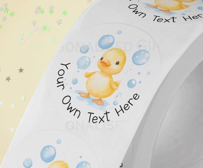 Personalised yellow duck sticker with bubbles design, printed on a strip of three, 5cm high gloss