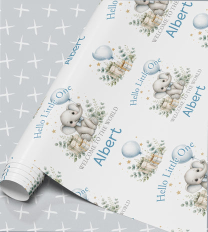 Personalised Hello Little One new baby wrapping paper roll with elephant, eucalyptus and the name Albert