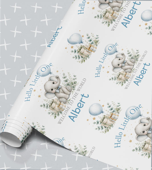 Personalised Hello Little One new baby wrapping paper roll with elephant, eucalyptus and the name Albert