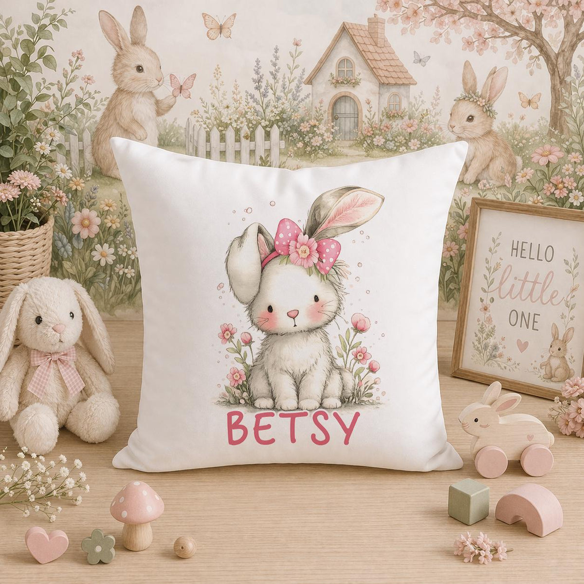 Personalised bunny cushion for baby girl nursery decor