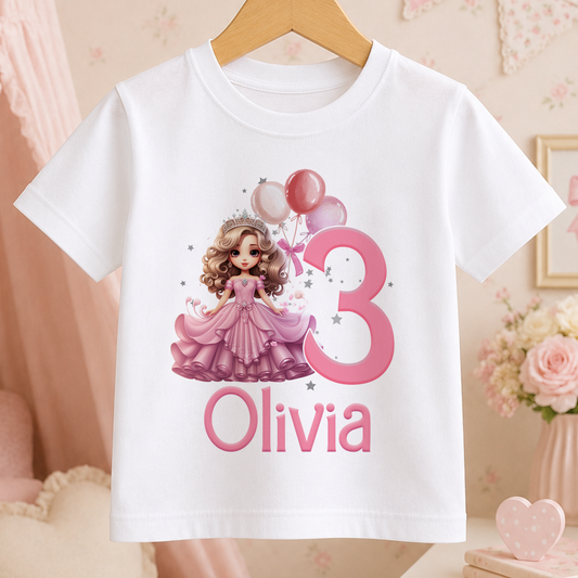 White kids t-shirt with a pink princess design, balloons, a large printed age number and personalised name