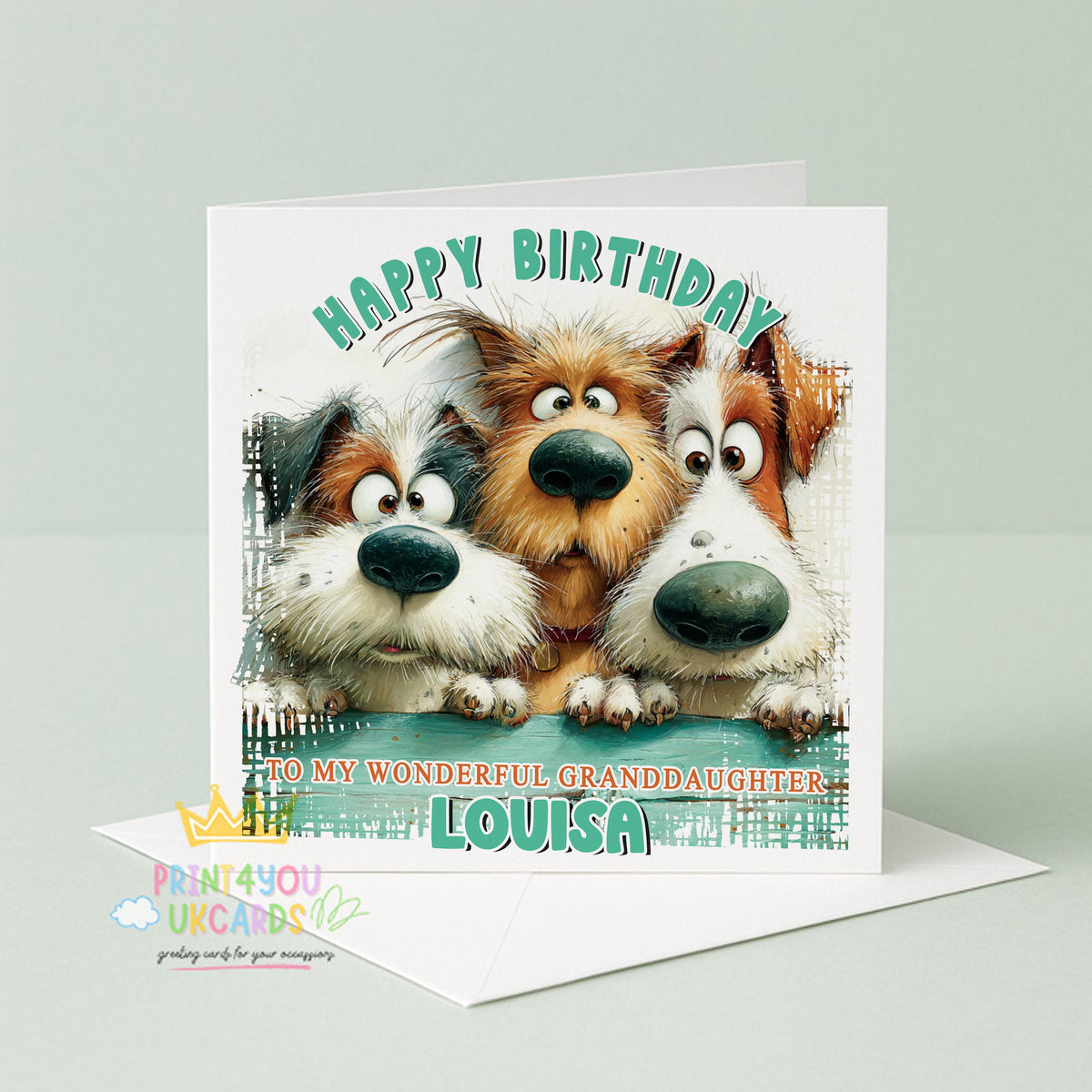 Front view of the personalised dog birthday card showing the luxury 350gsm cardstock and subtle sheen finish