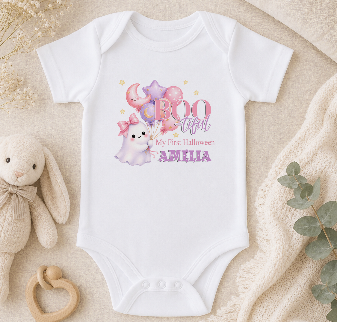 A white baby onesie with a ghost and stars design, along with the text "My first Halloween Amelia" printed on it. The onesie is placed on a beige surface, surrounded by a stuffed bunny, a wooden bead rattle, and some greenery.