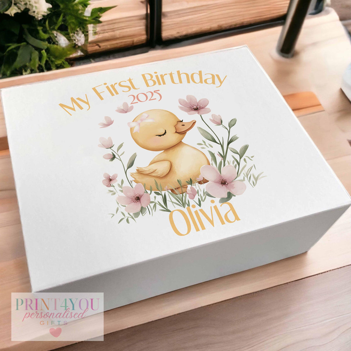 Personalised white baby keepsake box with yellow duck design, medium 16 x 20 x 8cm size, magnetic closure lid open.