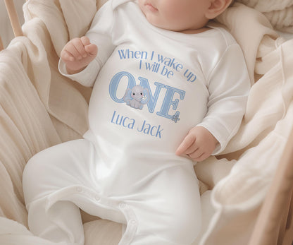 Close-up of personalised blue elephant design and custom name print on soft cotton sleepwear.