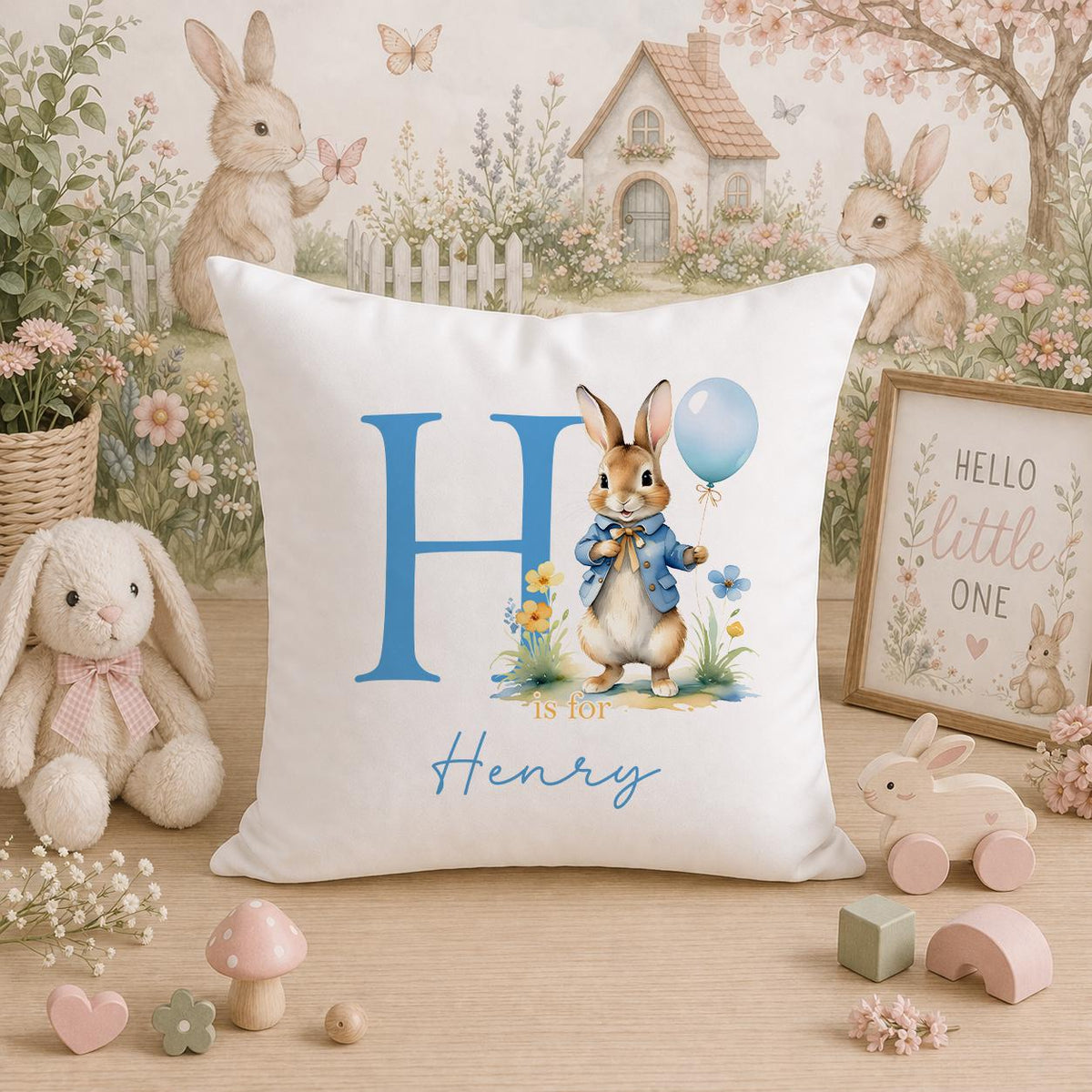 Personalised alphabet bunny cushion, nursery decor pillow
