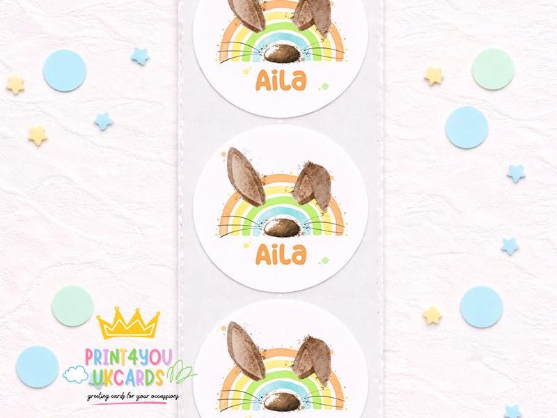 Personalised rainbow bunny sticker sheet with a bunny hopping under a rainbow and a child's name