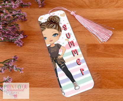 Personalised character bookmark aluminium tag with tassel featuring the Girl 1 illustrated design and custom name