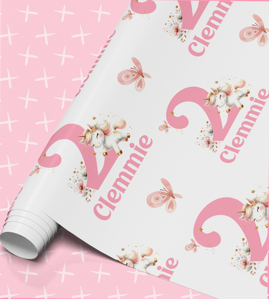 a pink and white pattern with a unicorn and butterflies, along with the text "clemmie" and the number "2".