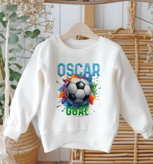 Personalised Sweatshirt Jumper For Children. White Cotton Sweatshirt – Colourful Splash Football and name - 6-12m