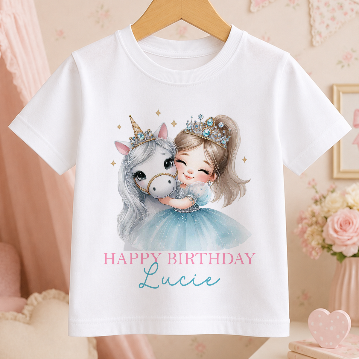 White cotton t-shirt printed with a girl hugging a horse and personalised birthday name.